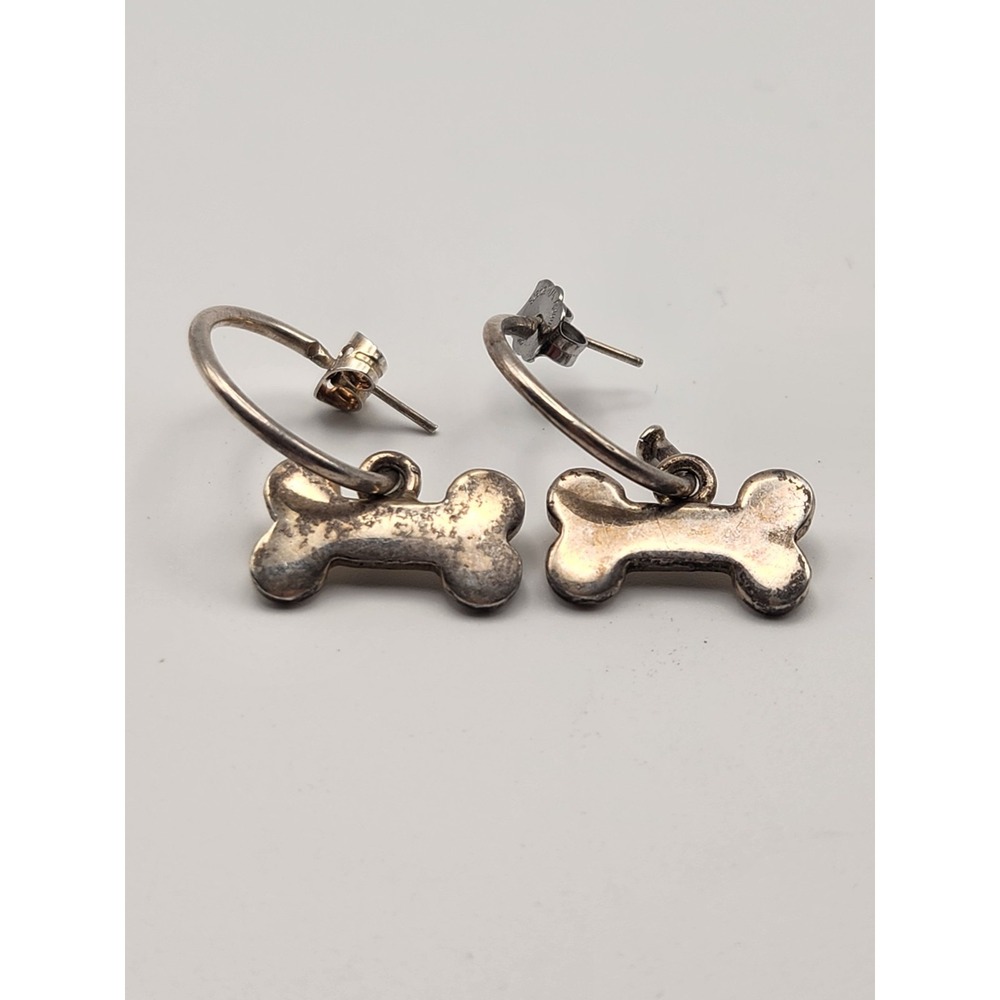 Sterling Silver 925 Dog Bone Charm Hoop Earrings Animal Pet Lover Polished‎